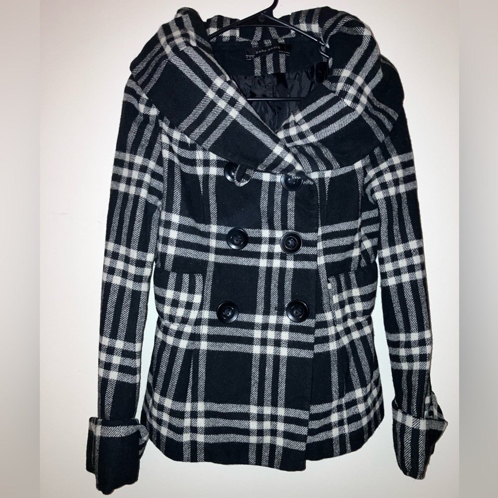Zara Black Plaid Tweed Coat